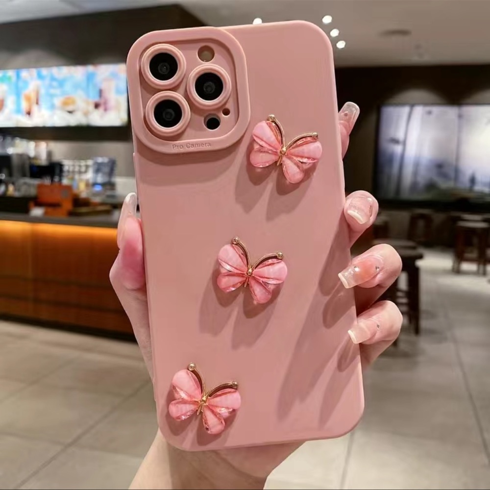 Pink Phone Case with 3D Gem Butterflies iPhone 13 Pro Max